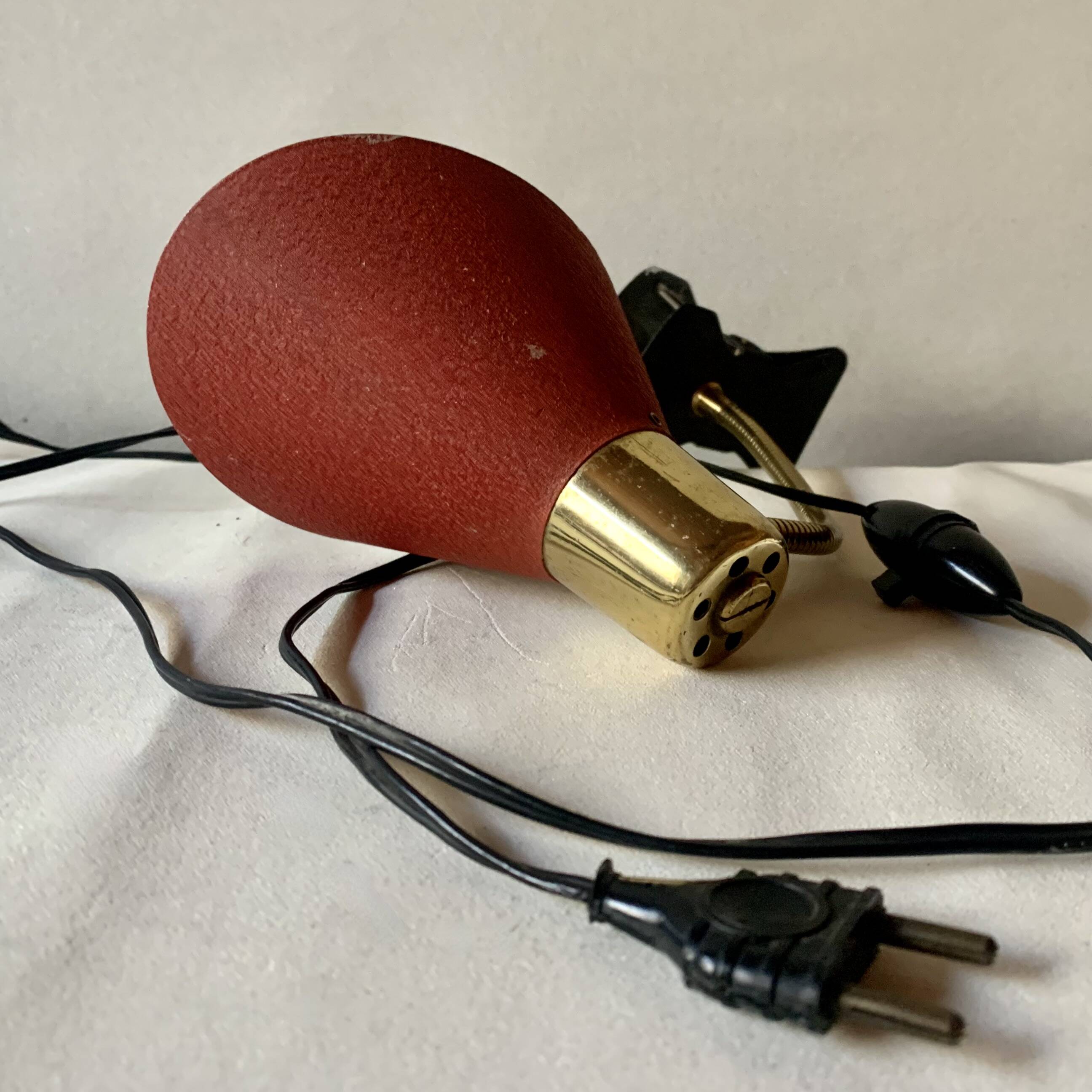 Brass and red painted metal clamp desk lamp - 1950s