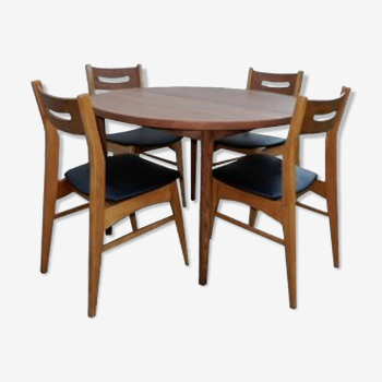 Ensemble table  extensible et 4 chaises de salle à manger scandinave en teck années 60