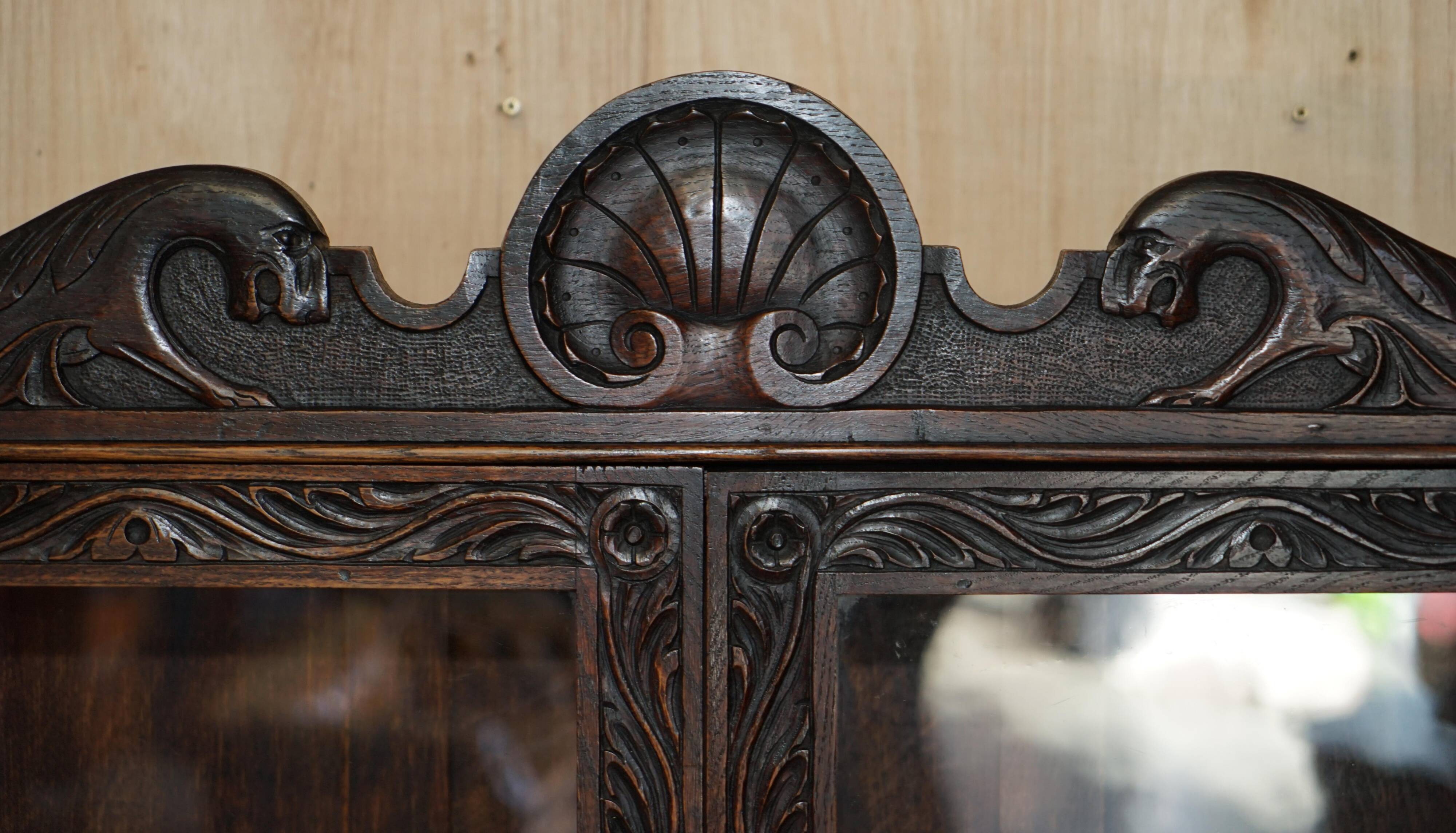 Library Desk in Carved Oak with Brass Handles
