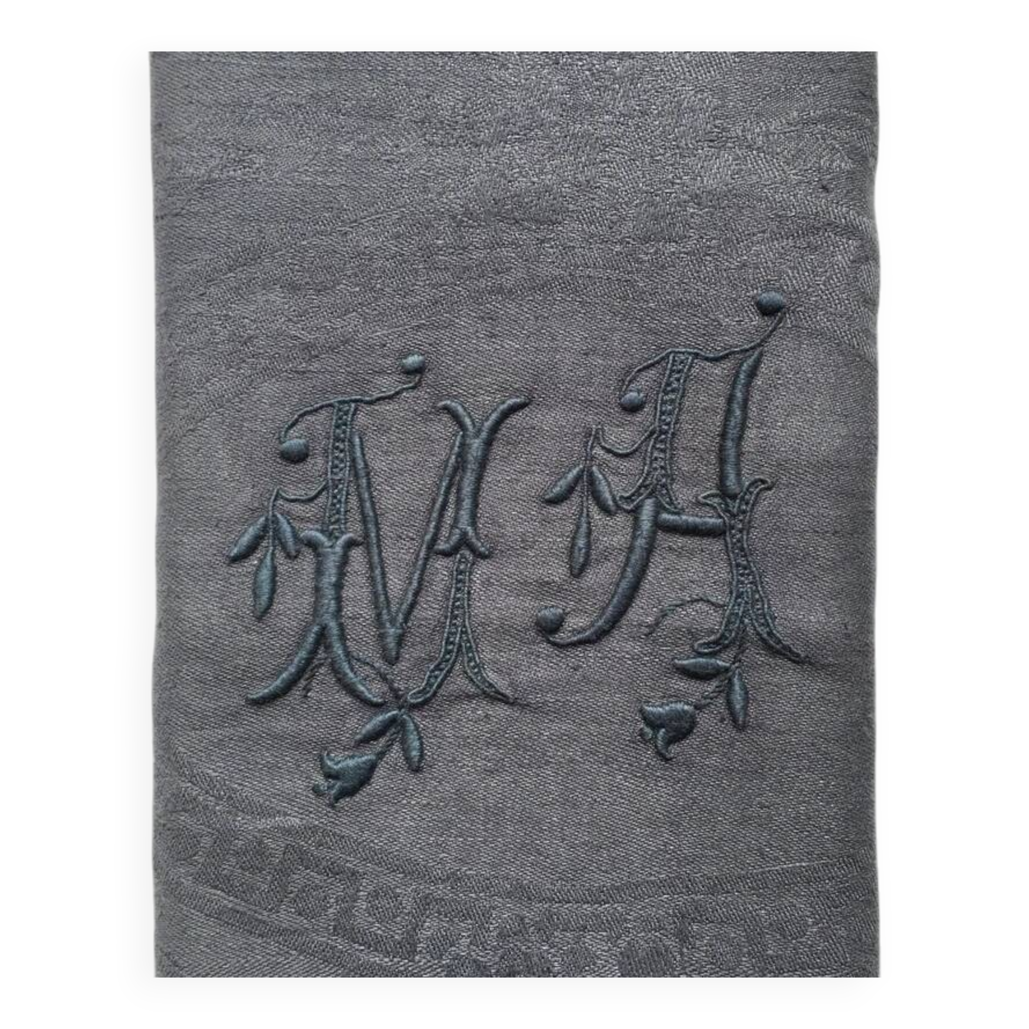 Old embroidered table napkin MA dark grey