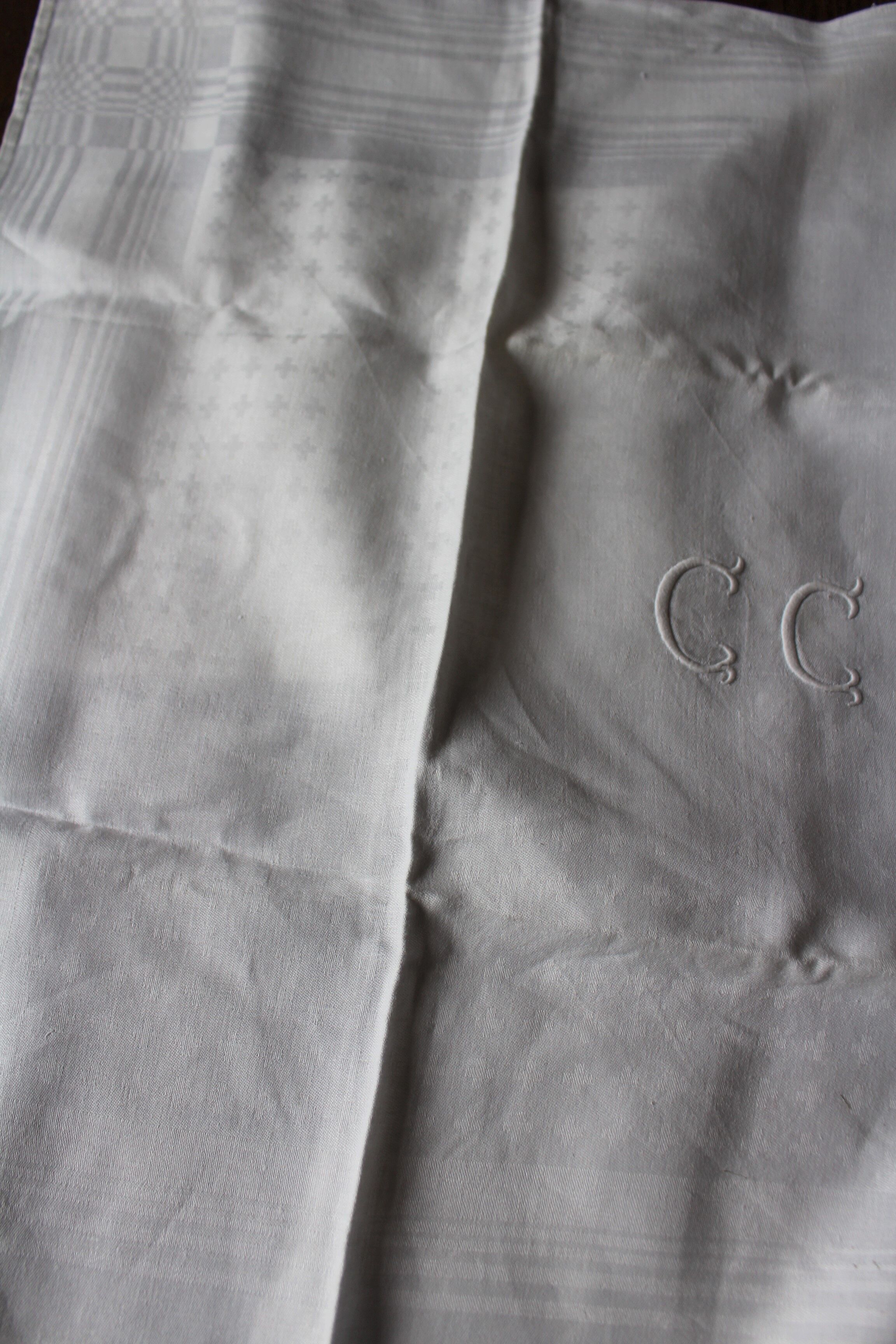 Pair Antique damask napkins white Monograms C C