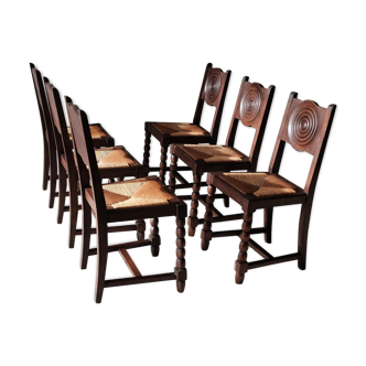 Set de 6 chaises paillées néo-basques dans le goût de Victor Courtray