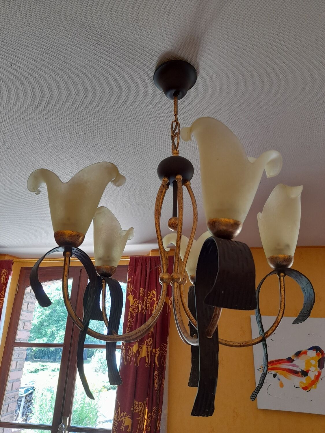 Chandelier 5 arms original 1980 in metal and polished glass