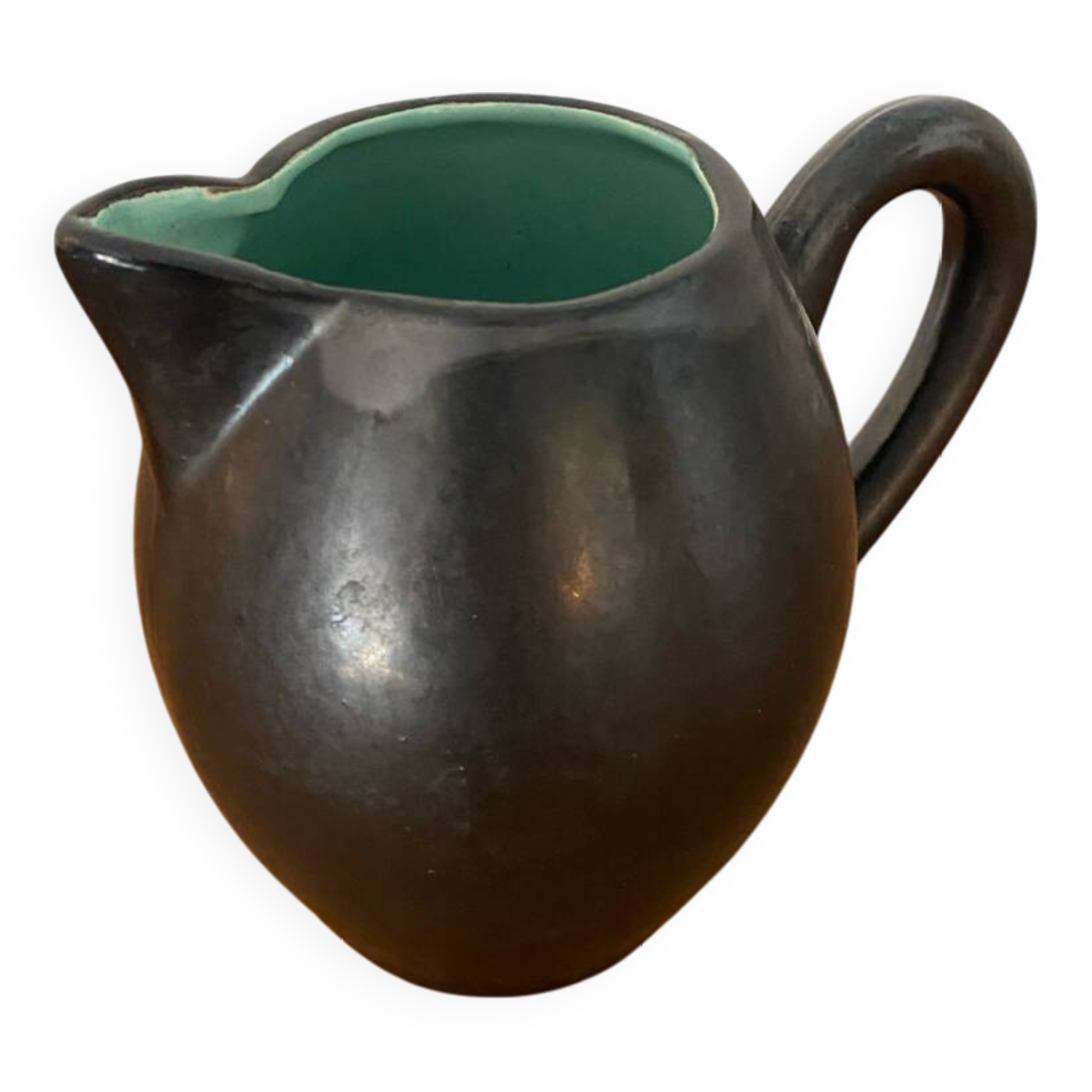 Old ST CLEMENT Ceramic Pitcher Black Green Interior 50's Vintage #B921