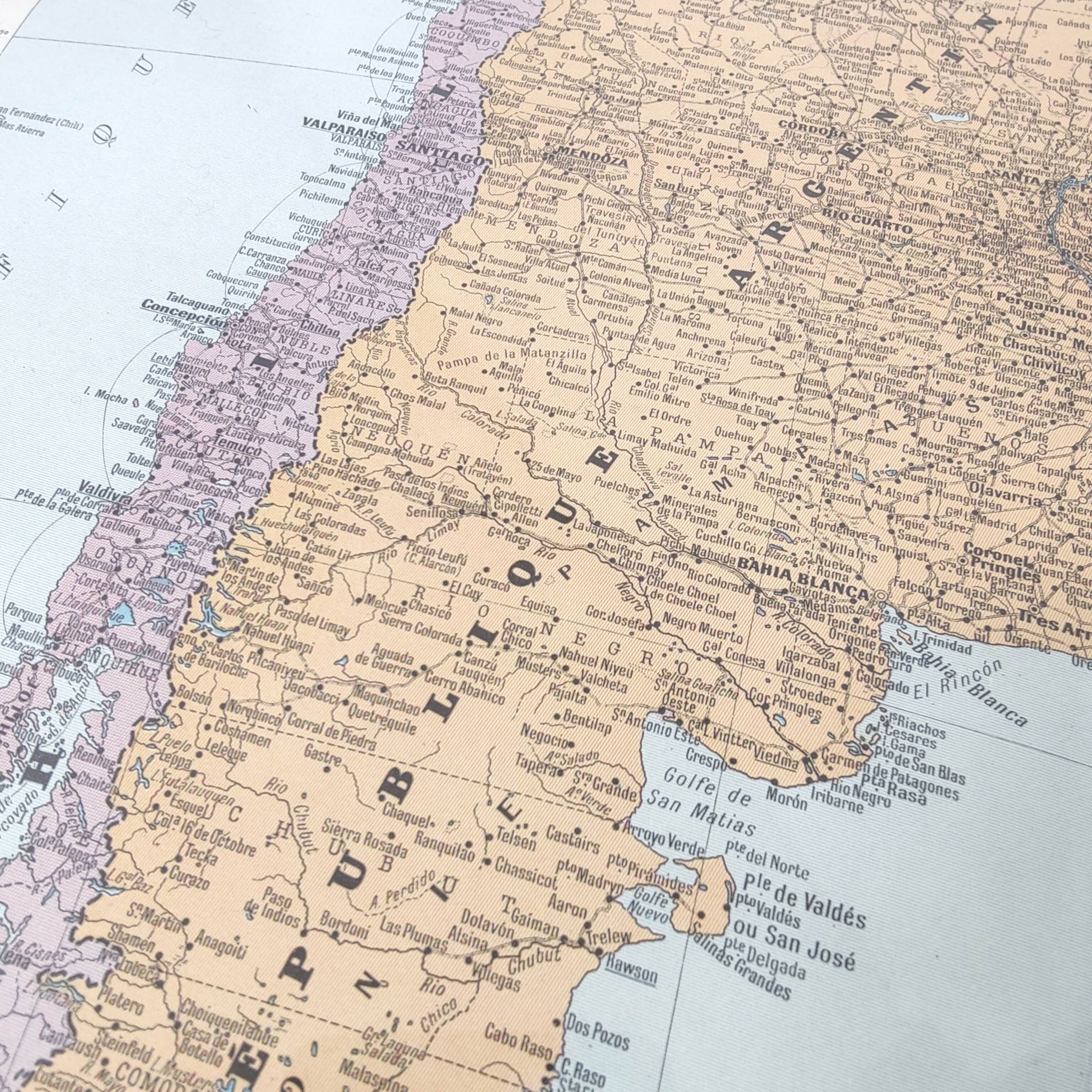 Old map of South America Argentina Chile Uruguay 43x43cm from 1950