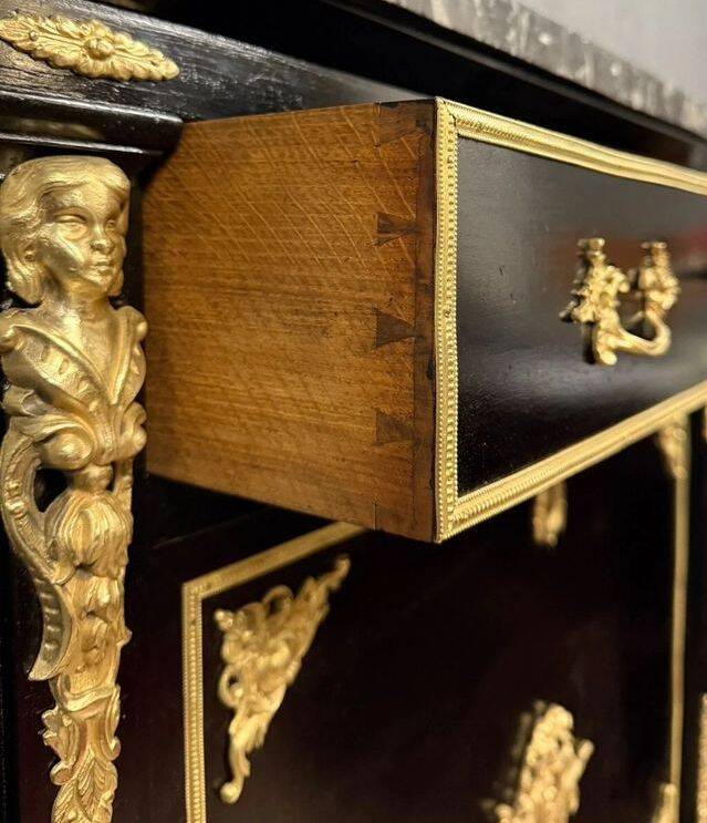 Secretary with a black lacquered drop-leaf and gilded bronzes – Boulle style