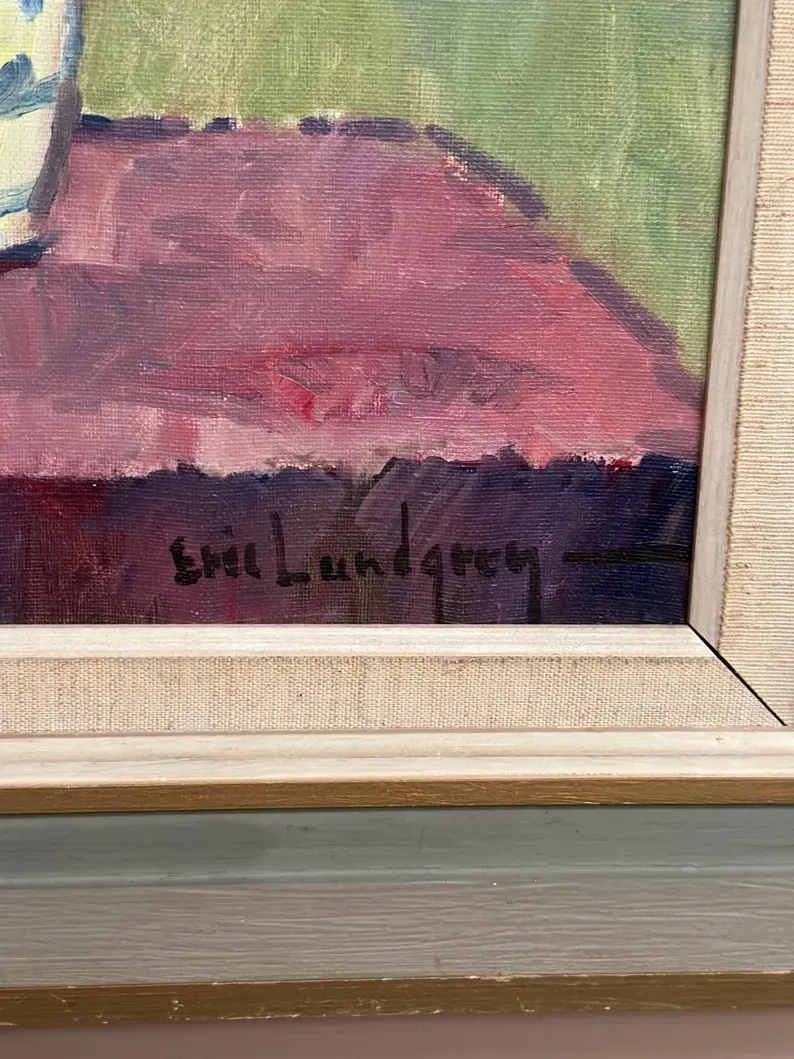 Original Swedish Oil on Canvas – “Asters in a Ceramic Vase” by Eric Lundgren – Signed – Vintage and Framed – 60 × 54 cm (23.6" × 21.3")