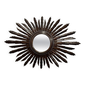 Vintage Brown Wood Convex Wall Mirror Sunburst, Spain, 1940