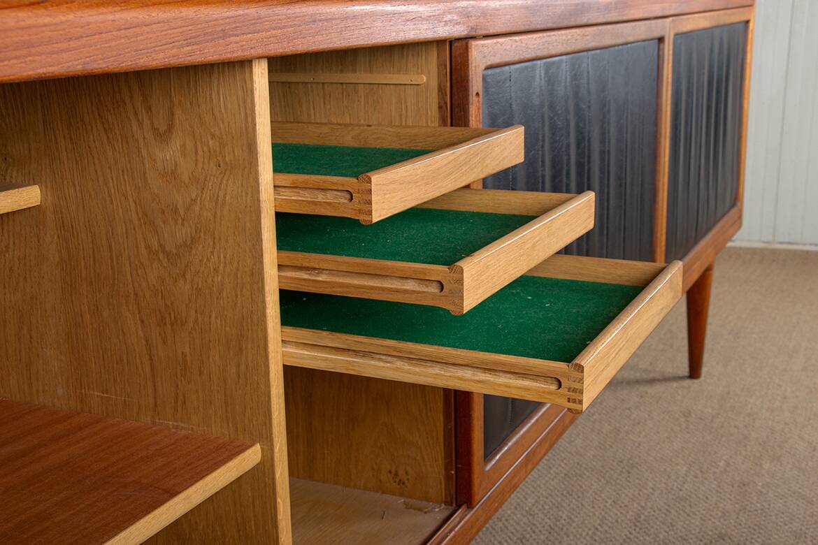 Extra long Danish sideboard, teak, oak, leatherette, 280 cm, Arne Hovmand-Olsen