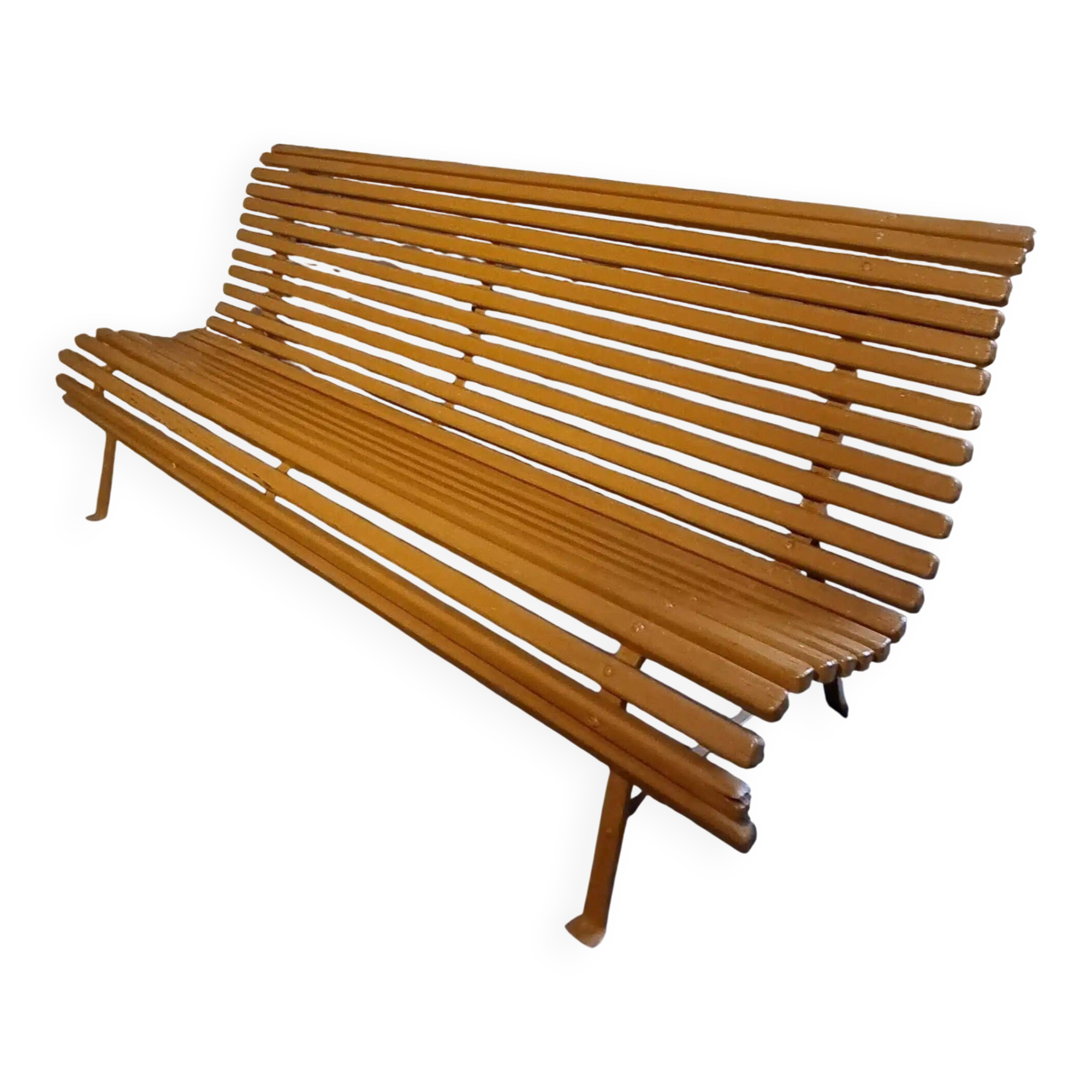 Vintage French garden bench in pine, mid-20th century.
