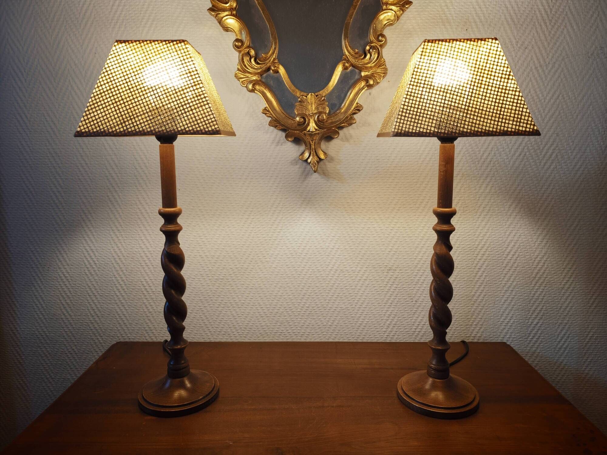 Pair of tall turned wooden lamps