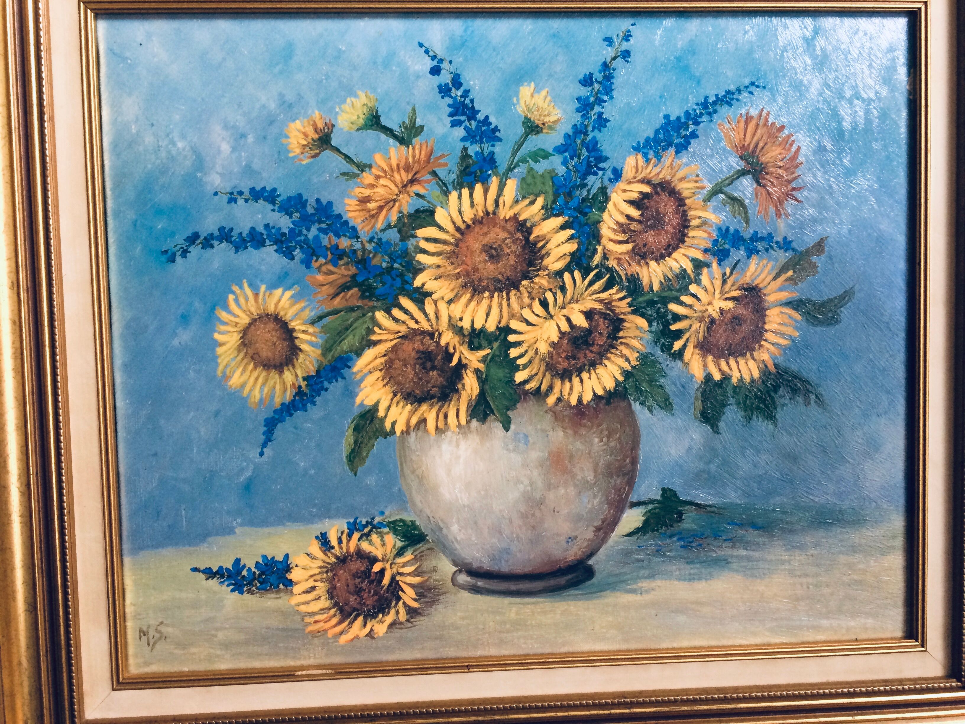 Oil on framed canvas Sunflower bouquet