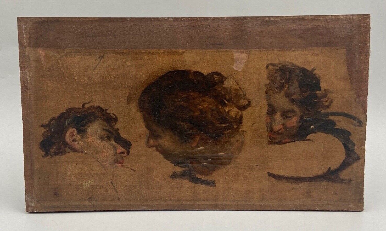 Oil on panel woman 3 faces in profile nineteenth frame wood e. jacob