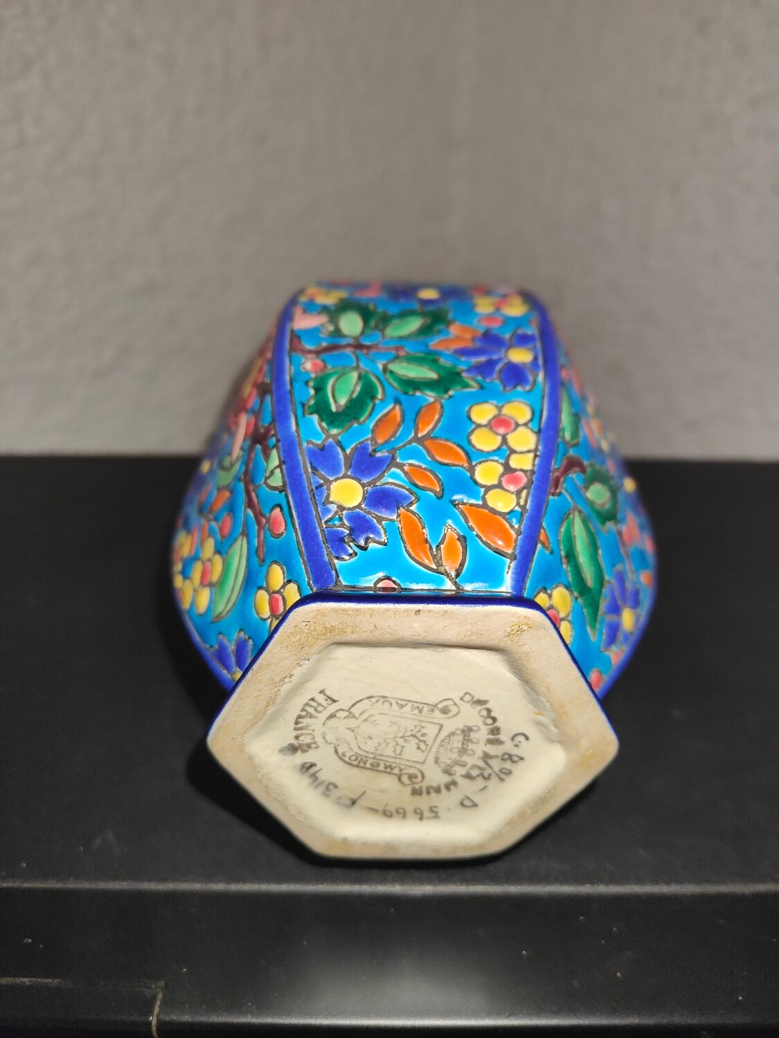 Octagonal ball vase in Longwy earthenware with floral decoration of cloisonné enamels