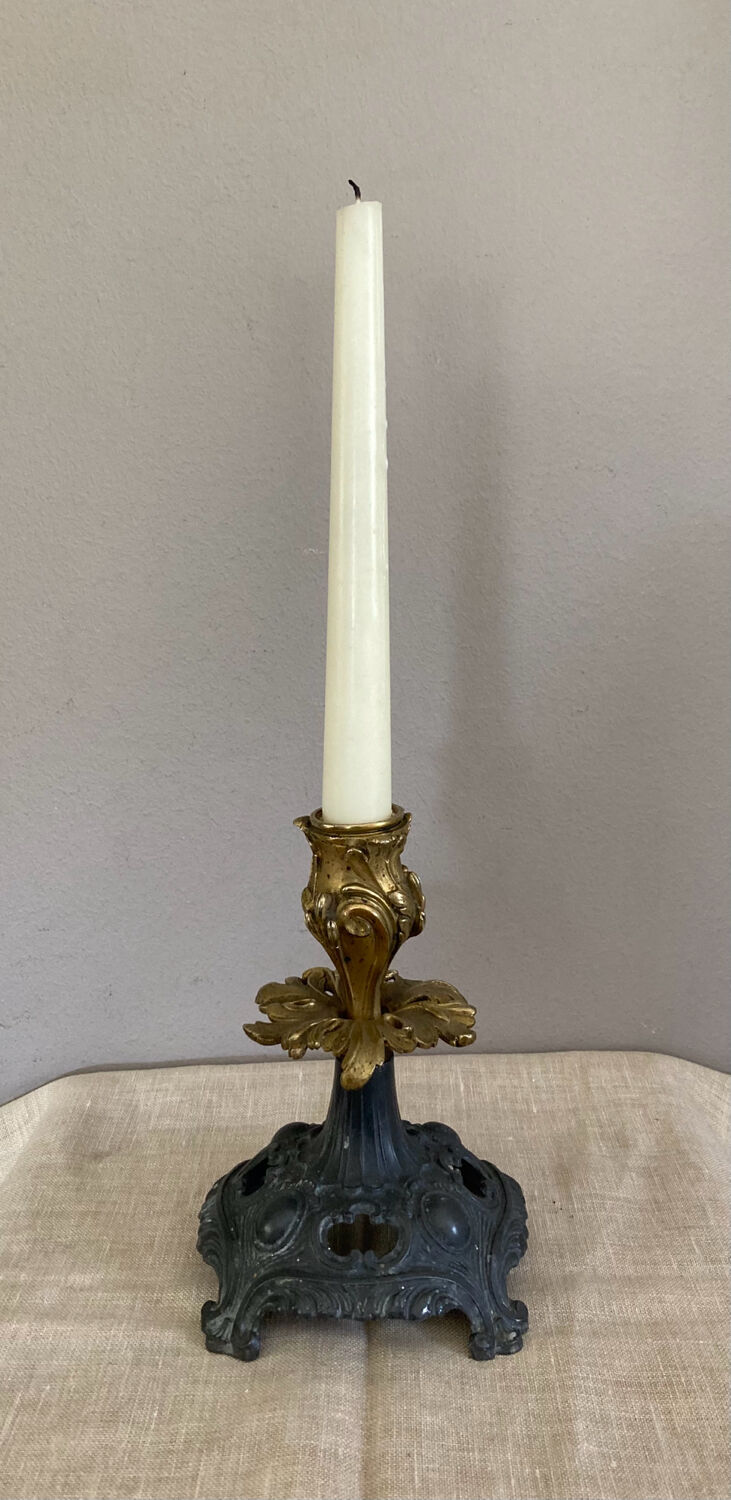 Louis XV candlestick in solid bronze openwork pewter base early twentieth century