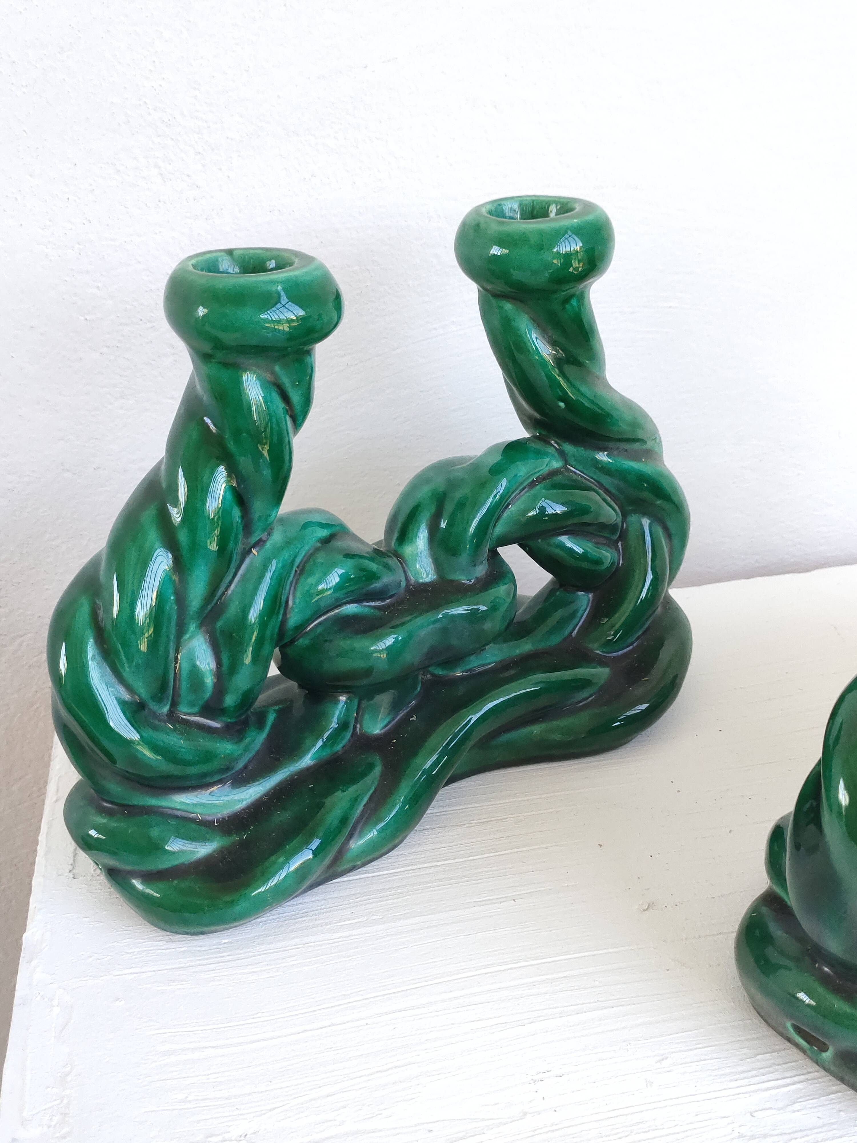 Set of 2 green ceramic candlesticks signed Hubert Pernin, Vallauris