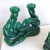 Set of 2 green ceramic candlesticks signed Hubert Pernin, Vallauris