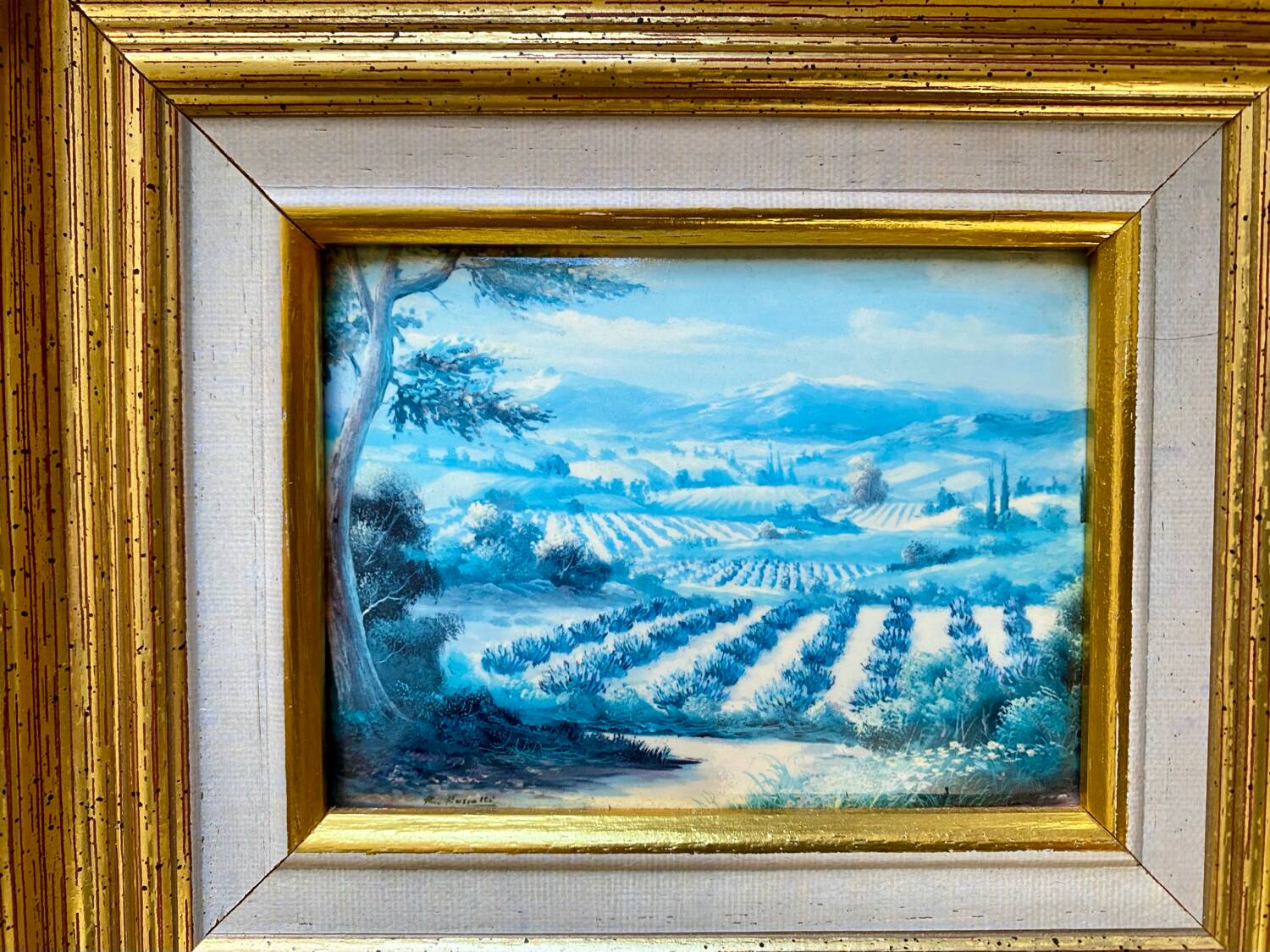 Old Glass Fixed - Provençal Landscape - Signed R. Rossetti - Vintage