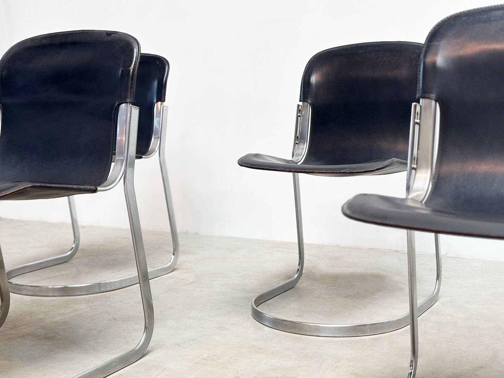 Set of six Willy Rizzo dining chairs in black leather