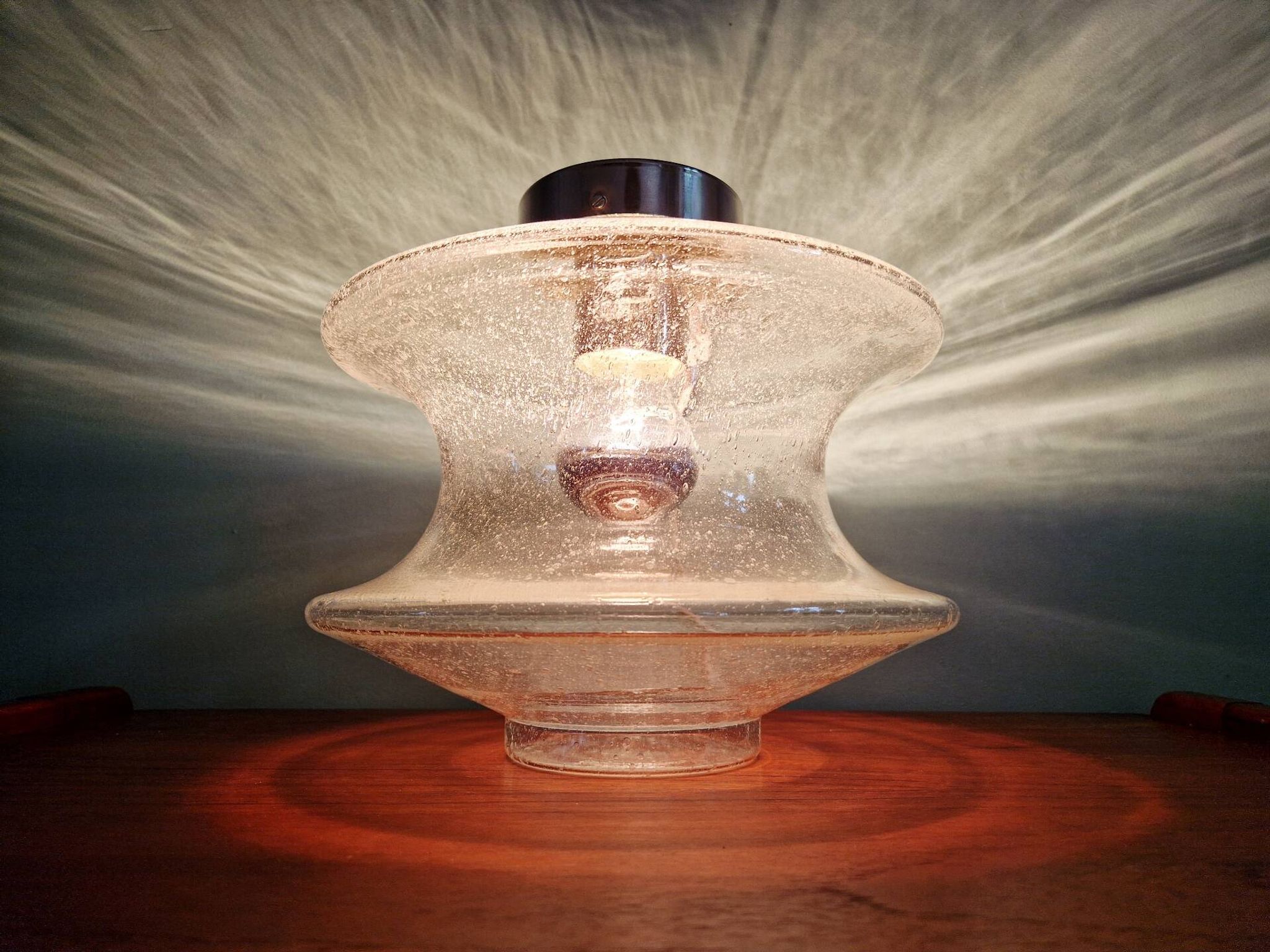 Ceiling light meerpaal in transparent bubbled glass, raak amsterdam, 1970