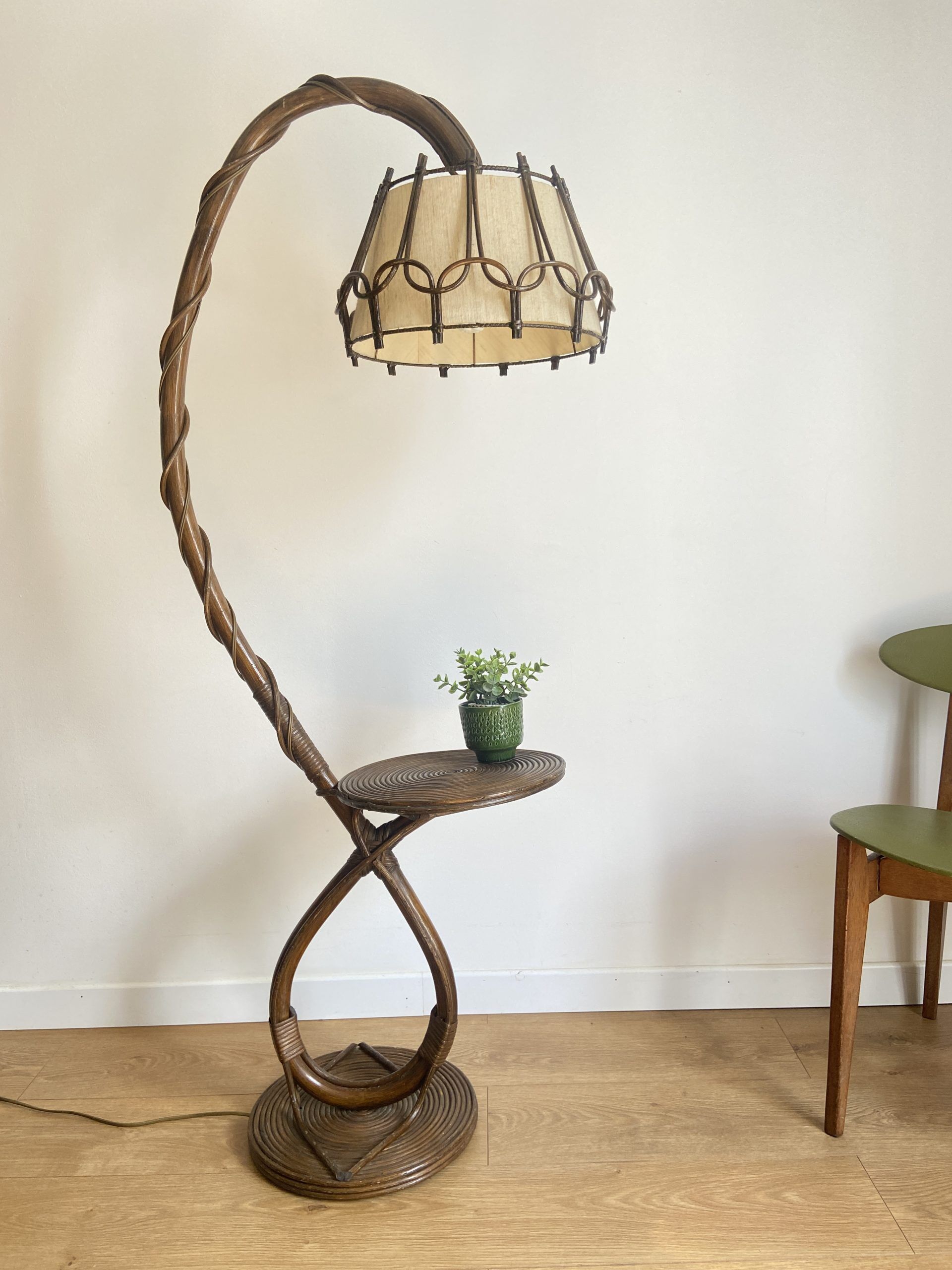 Vintage floor lamp with rattan shelf