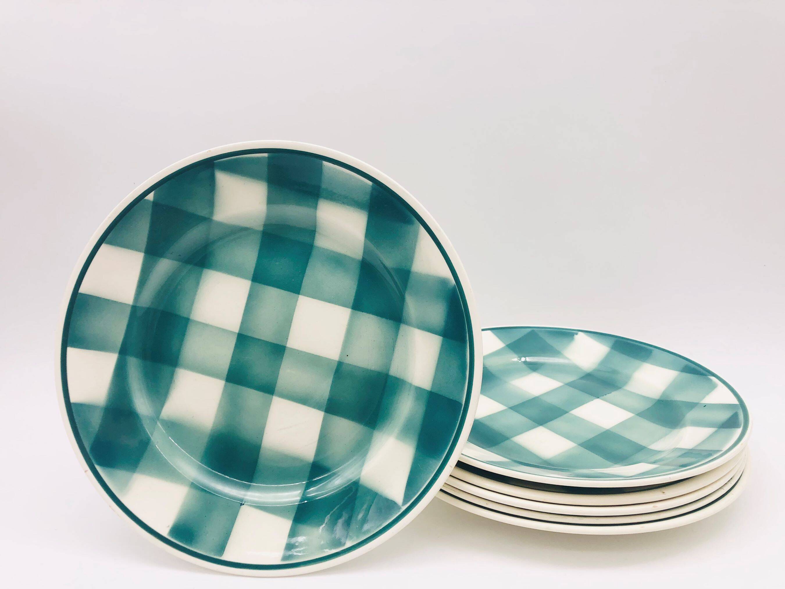 6 green checkered dinner plates, FN Givors – France