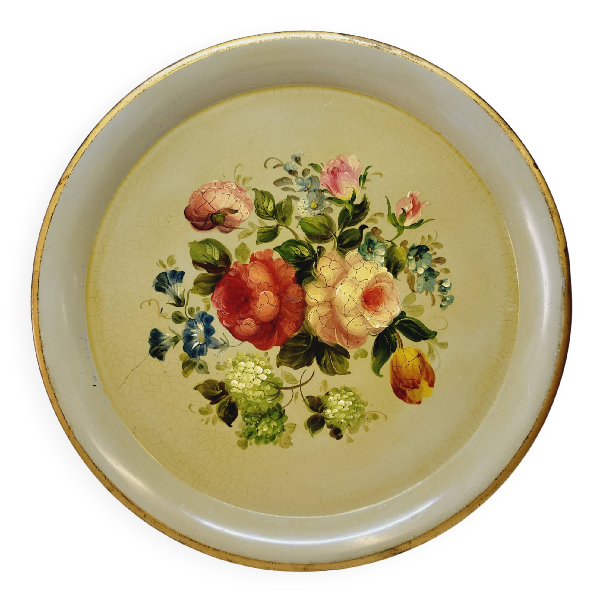 Napoleon III Painted Sheet Metal Tray Painted Metal Floral Decor Diameter 44.5