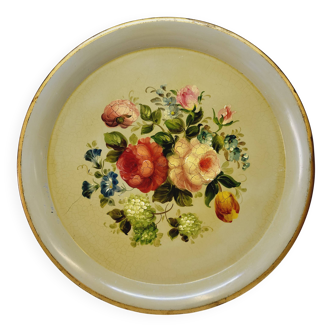 Plateau En Tôle Peinte Napoléon III Métal Peint Décor Floral Diamètre 44,5