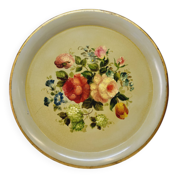 Napoleon III Painted Sheet Metal Tray Painted Metal Floral Decor Diameter 44.5