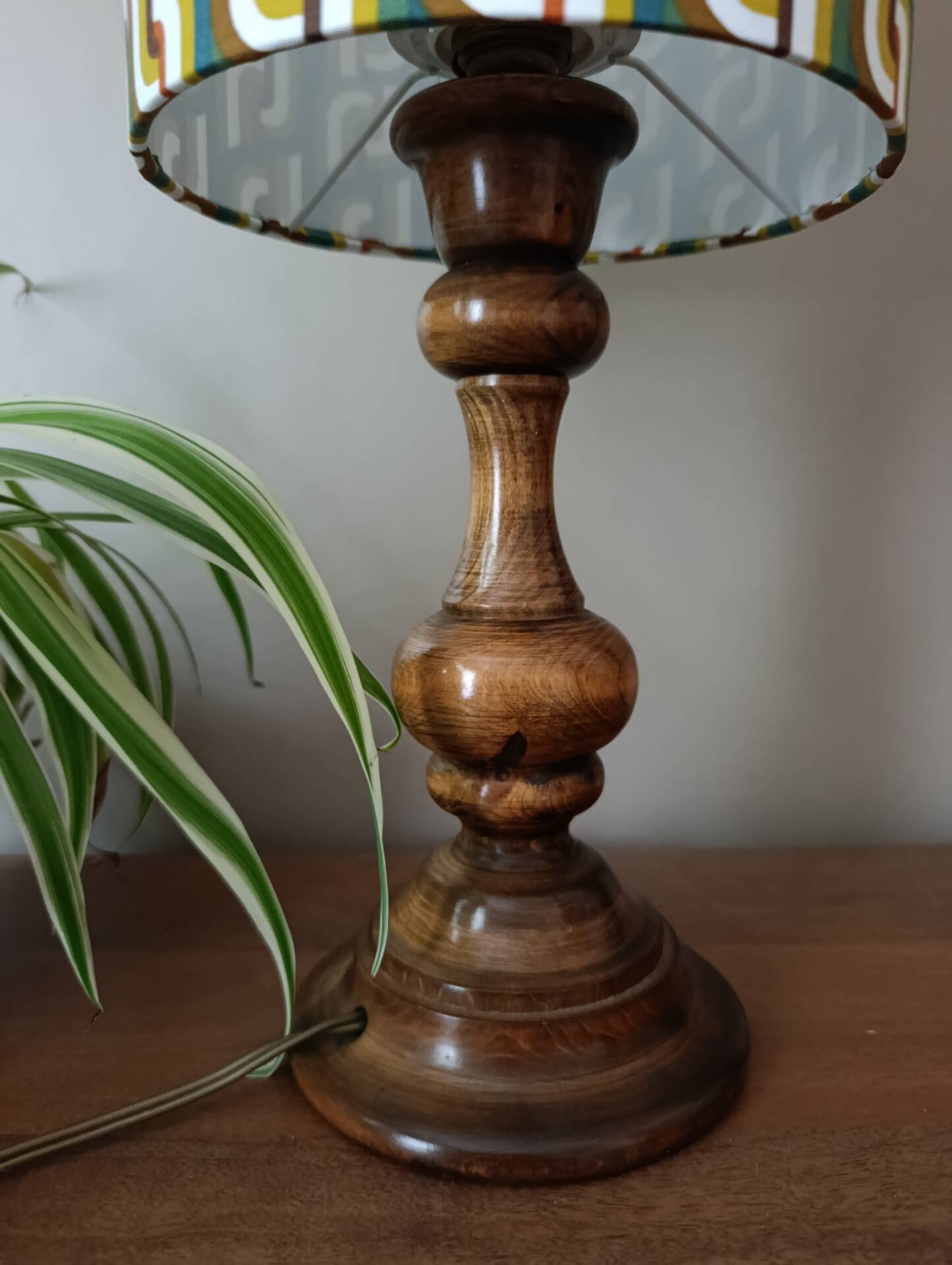 vintage turned wood lamp, seventies graphic lampshade