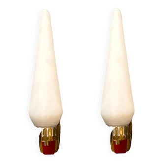 Stil Novo Opaline Glass and Brass Sconces, 1950s, Italy - Set of 2