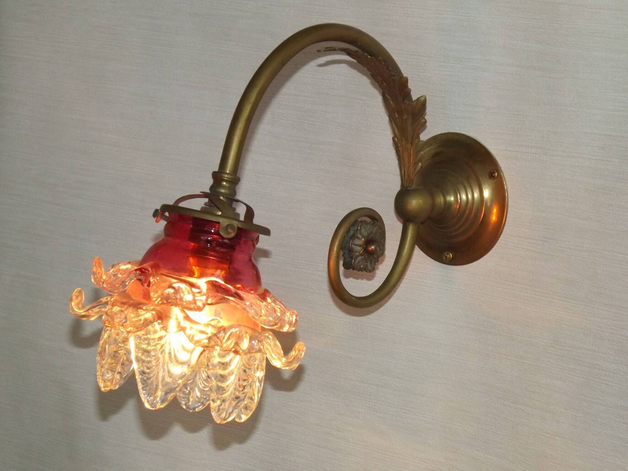 French Brass Single Wall Light with Pink & Clear Floral Glass Shade