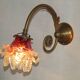 French Brass Single Wall Light with Pink & Clear Floral Glass Shade