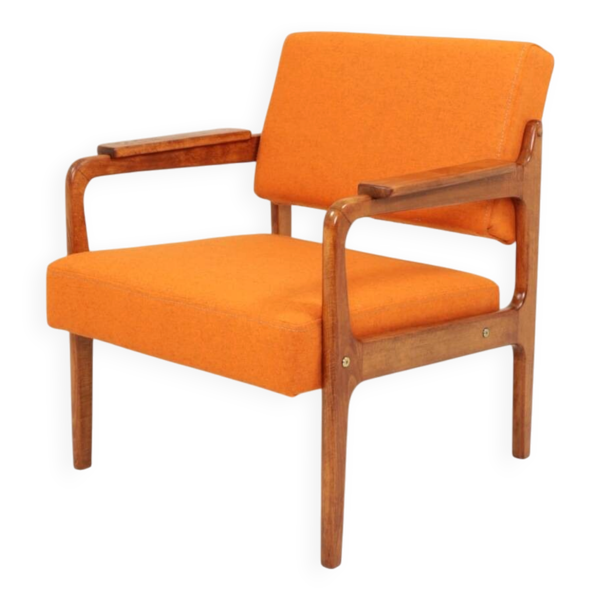 Fauteuil vintage en tissu en laine orange et bois couleur noyer
