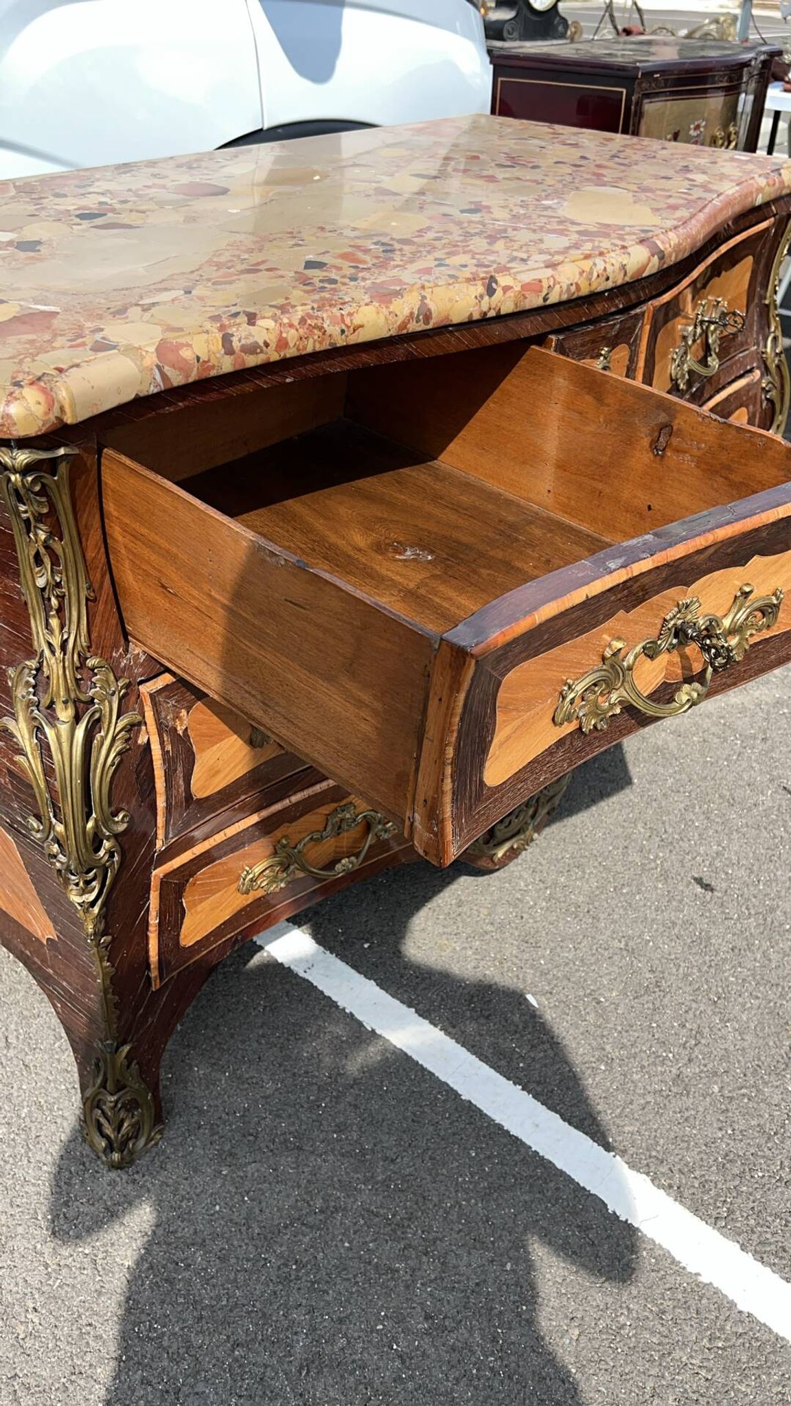 Louis XV tomb commode in marquetry and marble, late 19th century.