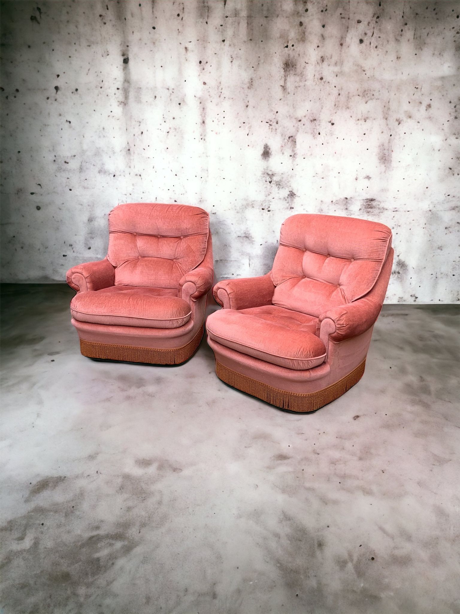 Pair of pink tufted velvet frog chairs 1970
