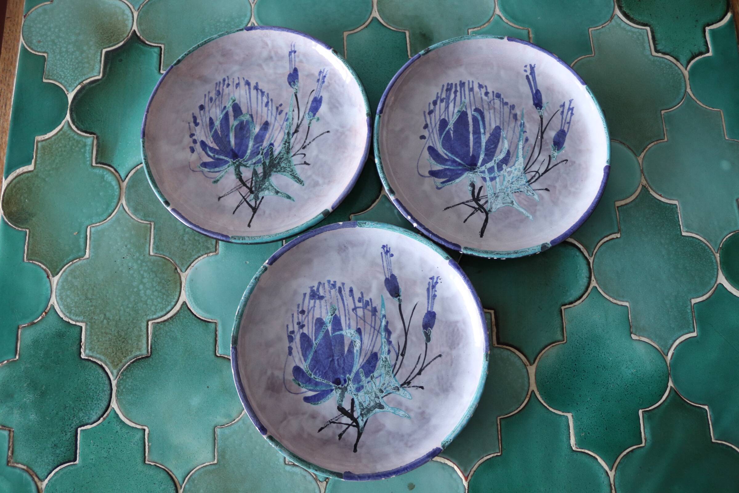 Three dessert plates signed Le Brescon Vallauris 60's