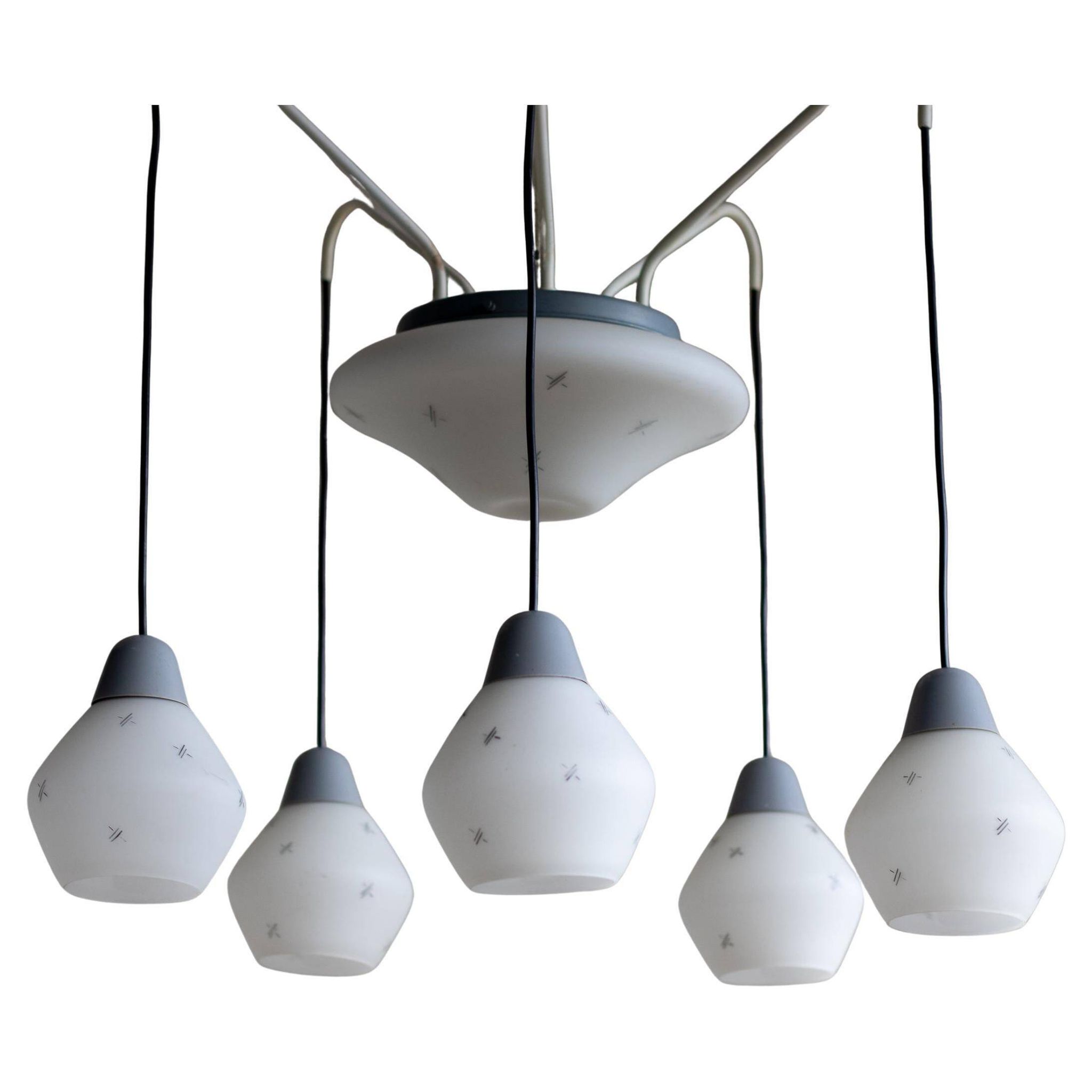 Italian brass enamelled grey chandelier with frosted glass pendants, circa 1960.