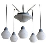 Italian brass enamelled grey chandelier with frosted glass pendants, circa 1960.