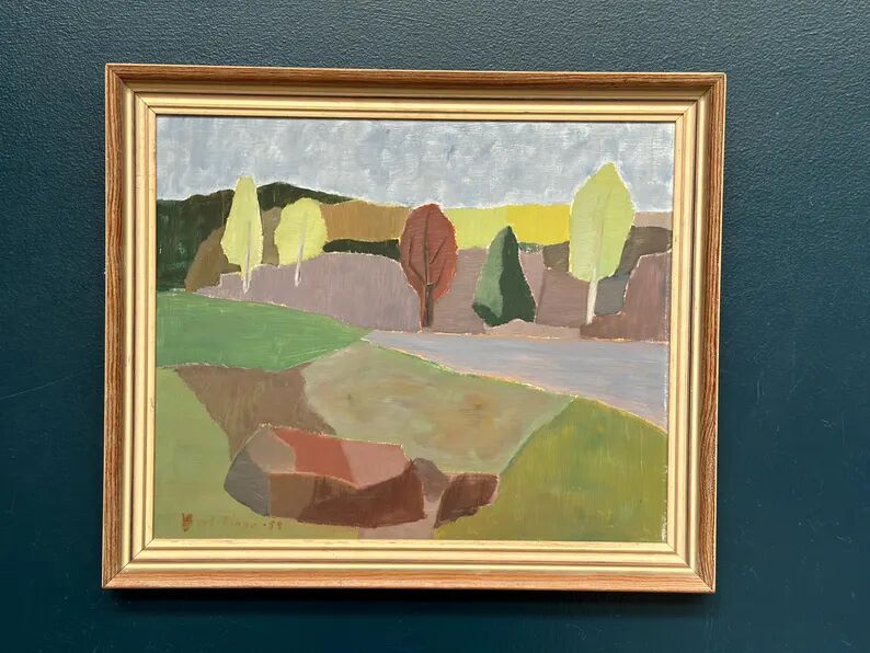 Original Swedish Oil on Panel – “Trees and Fields” by Carl‑Einar Andersson (1925–1975) – 1959 – Vintage & Framed – 53 × 44.5cm (20.9"×17.5")