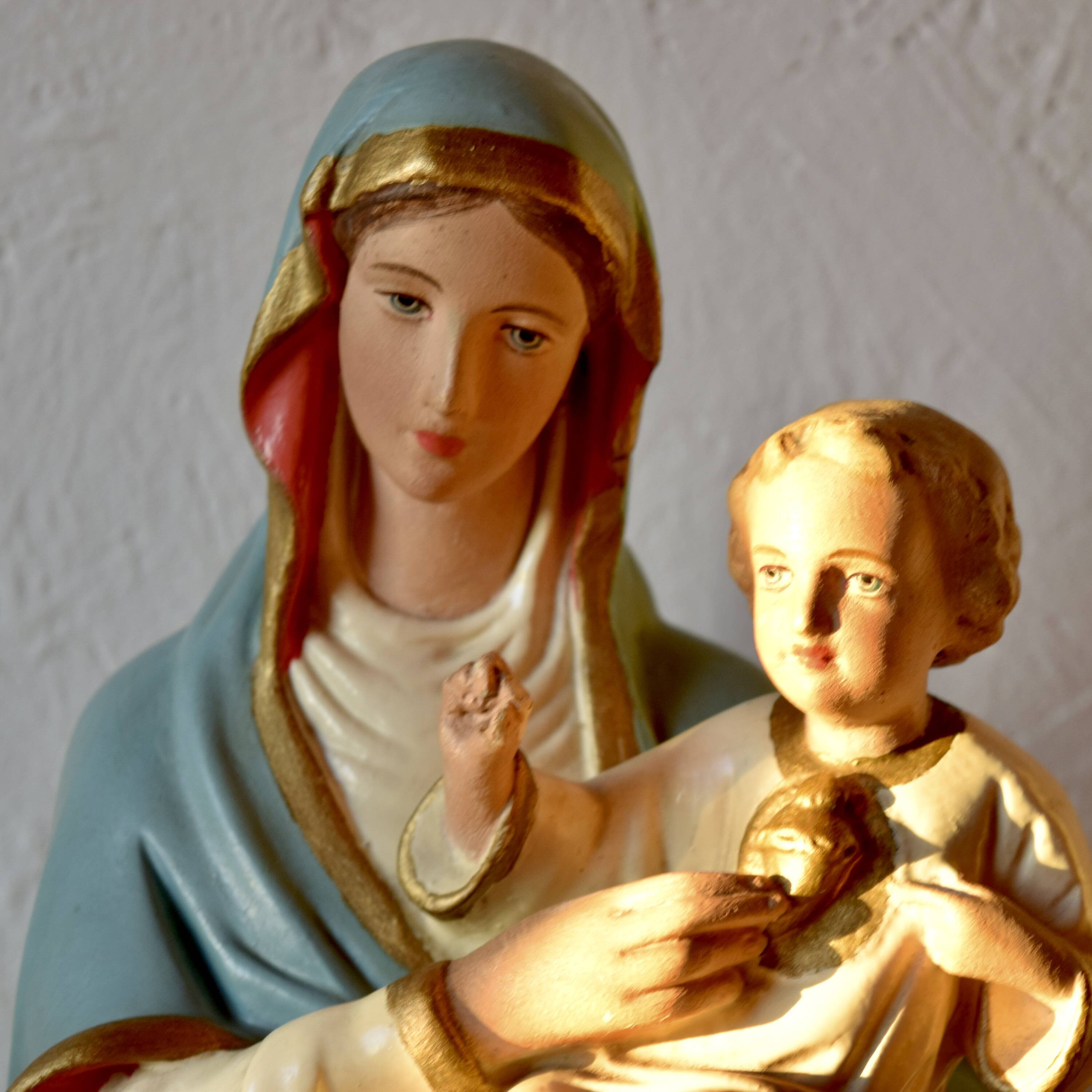 Ancient plaster statue of the Virgin and Child Jesus - hand painted - 54 cm - 1936