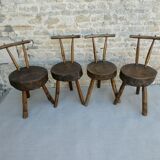 Suite of 4 tripod chairs, trunk seats, solid wood