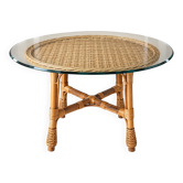 Table à manger en rotin, osier et verre 1960