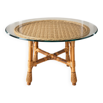 Dining table in rattan, wicker and glass 1960