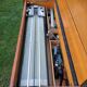 Vintage oak console desk table with square metal tube base (knitting machine)