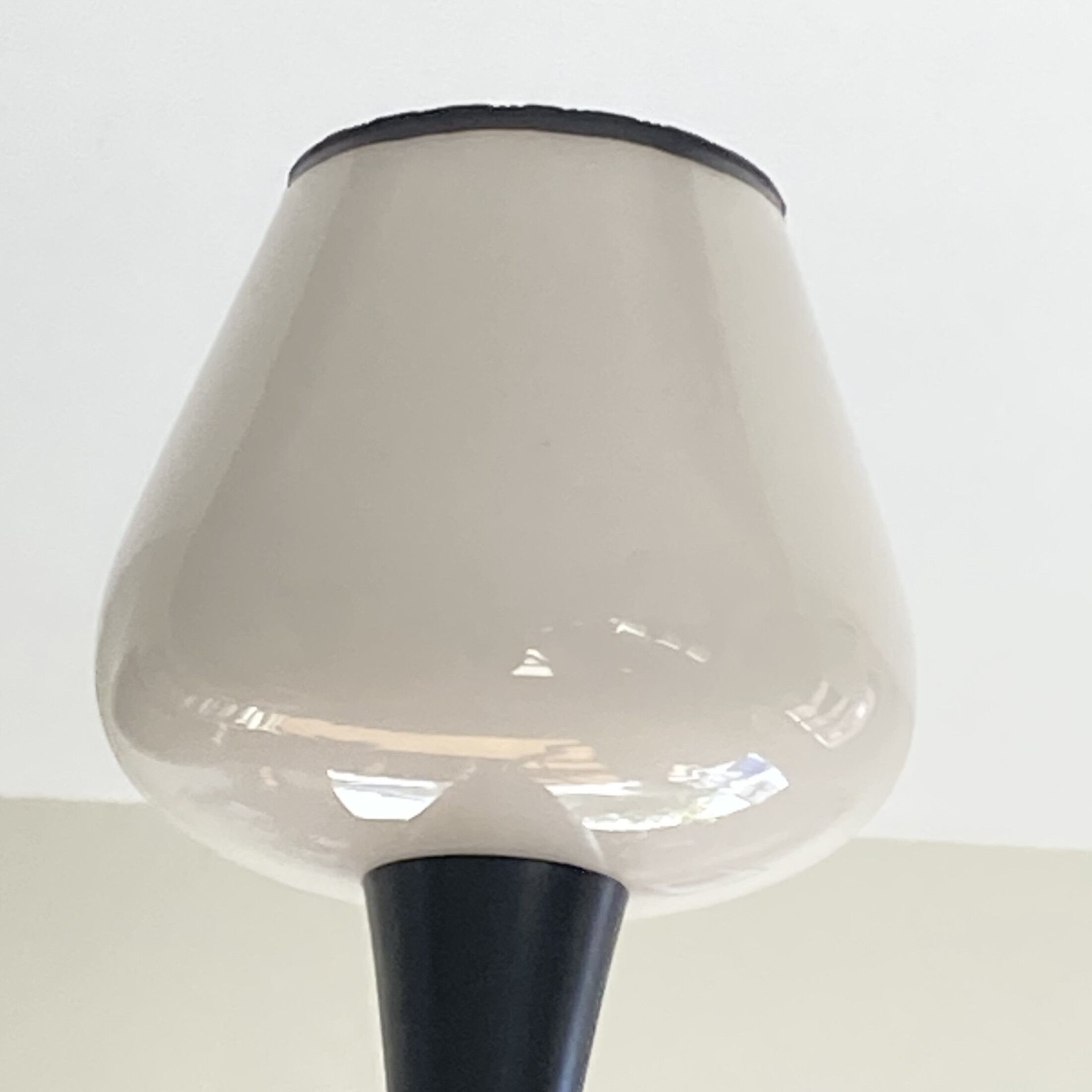 Brass chandelier and black metal tulips in white opaline glass 1950 1960 vintage suspension
