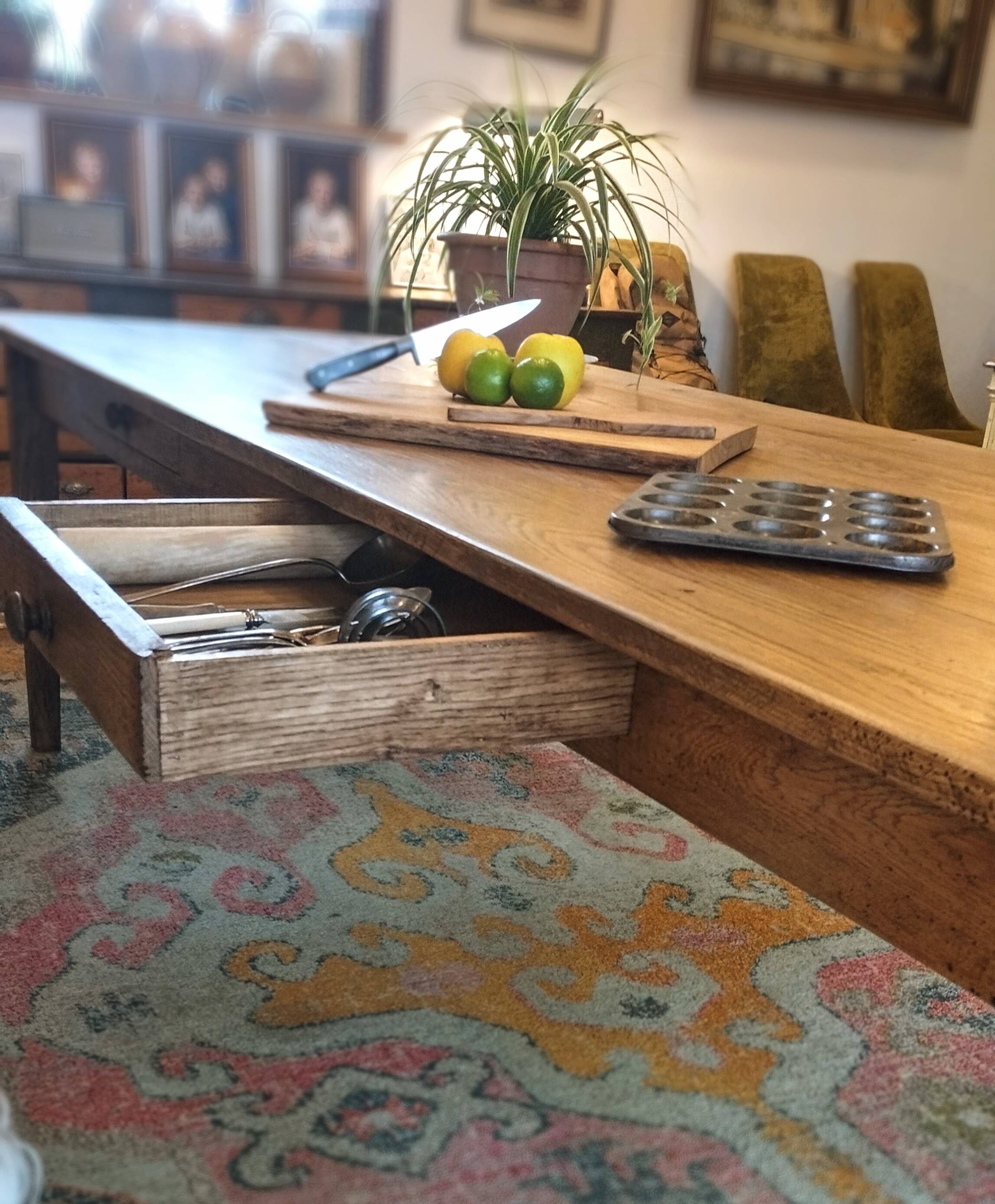 Large solid oak farmhouse table with two drawers 260 cm x 100 cm