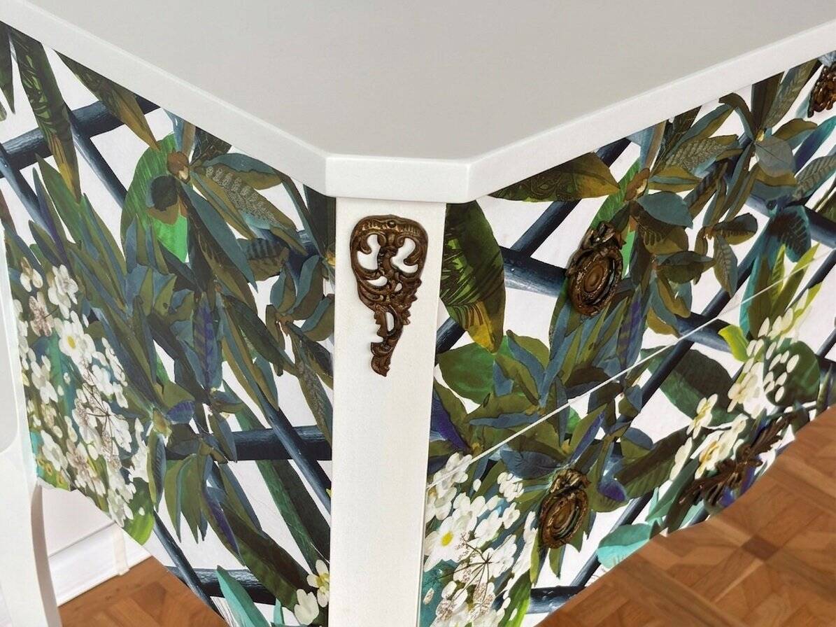 Gustavian commode with wallpaper from Christian Lacroix, 1950s