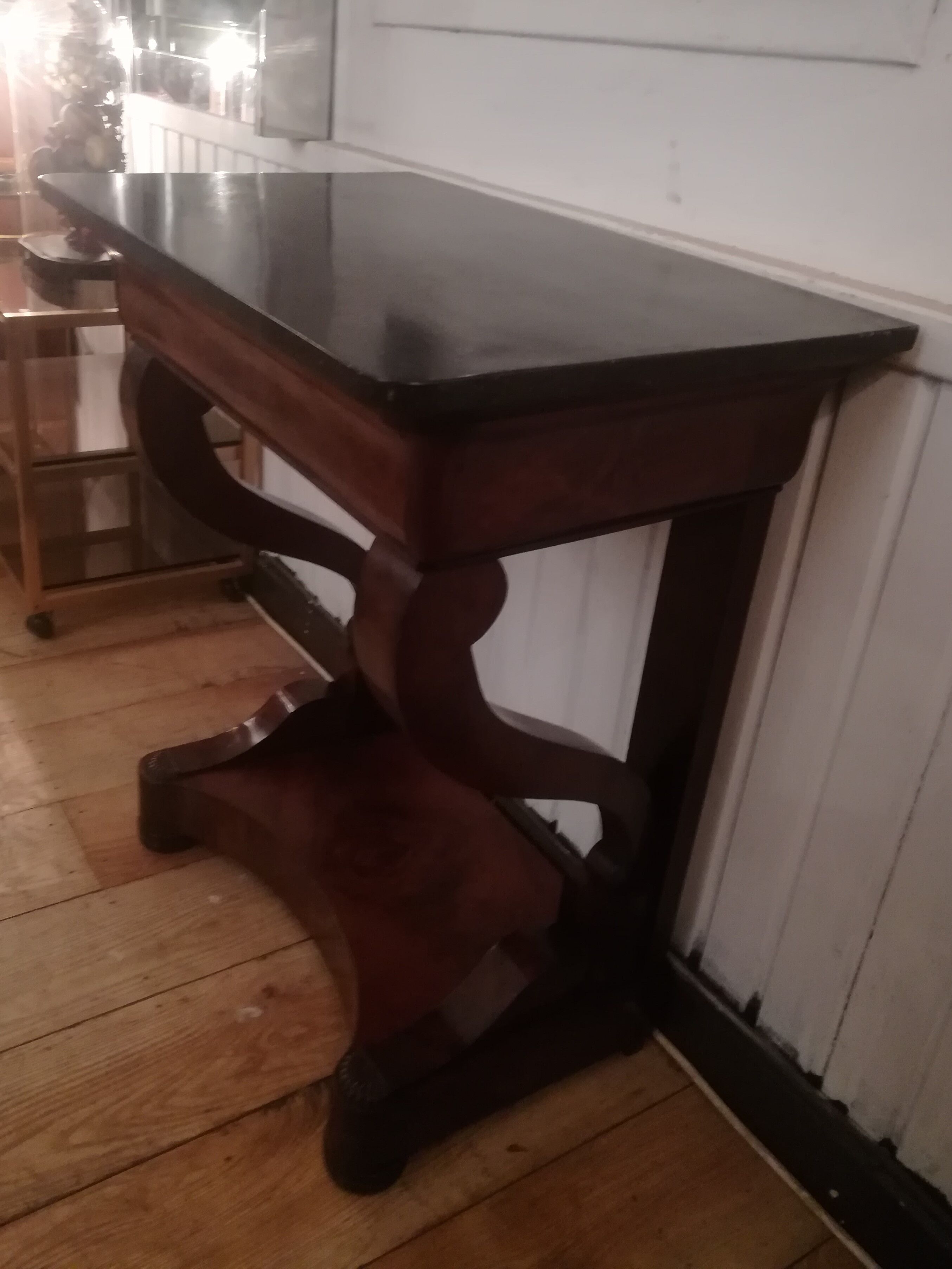 Consoles pair restoration in mahogany and black granite