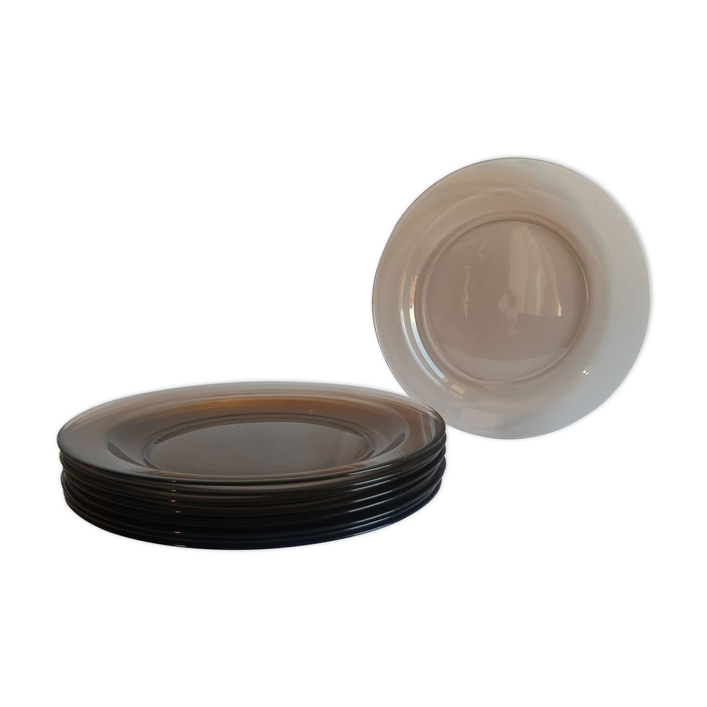 Set of 9 flat plates in smoked glass Arcoroc France 70s vintage